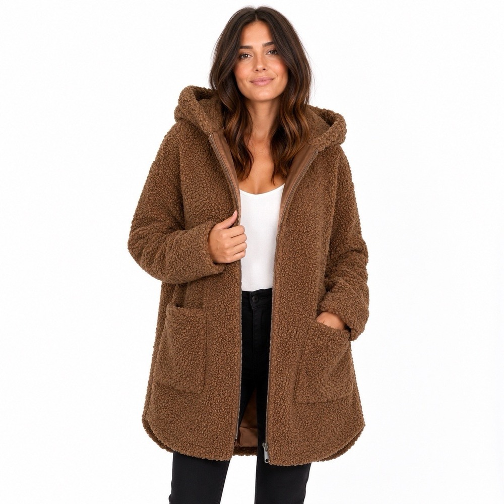 Andrew Marc Sherpa Teddy Coat Hooded Womens M Zip Faux Fur Boucle Oversize Cozy